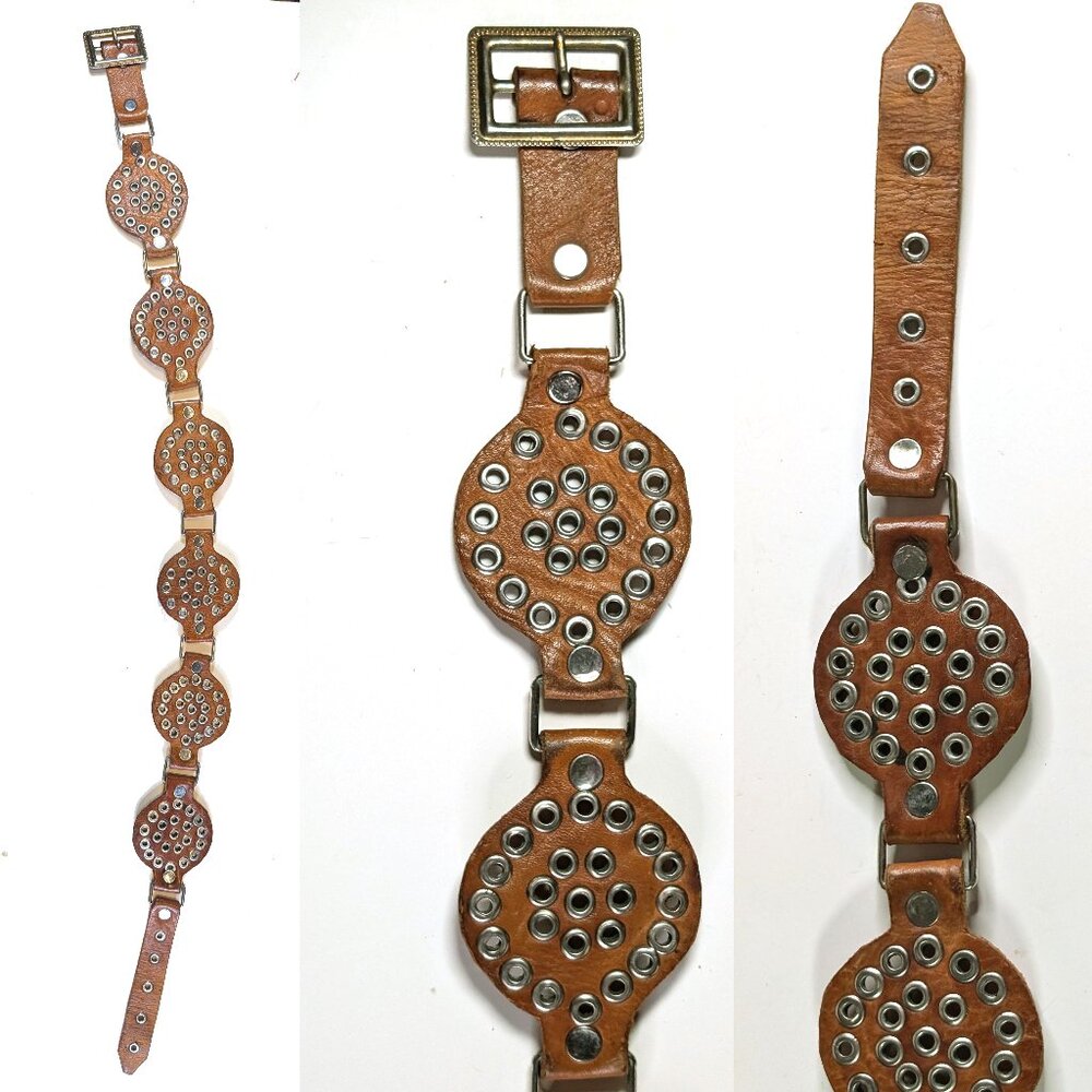 Vintage 60s brown Leather belt circles and metal Belt with Grommets